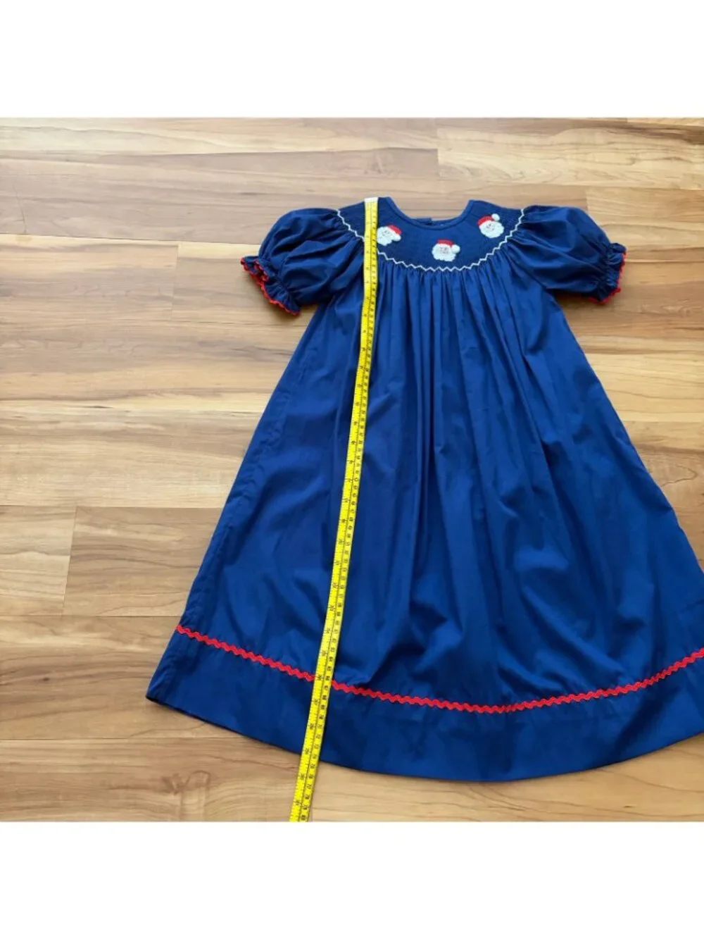 The Smocking Place Girls Size 4 Blue Santa Pleated Embroidered Holiday Dress